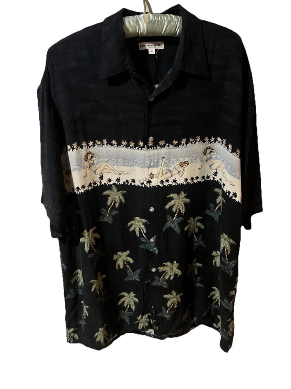 Pierre Cardin Black Short-Sleeve Hawaiian Palm Print Shirt with Beige Band